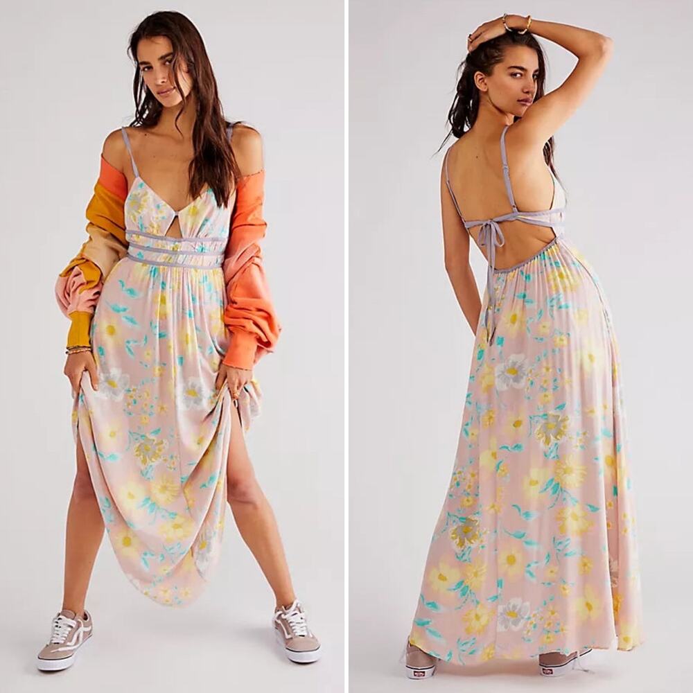 Free People Wisteria Floral In Light Combo Maxi Cut Summer Out Dress Size L - Picture 4 of 12